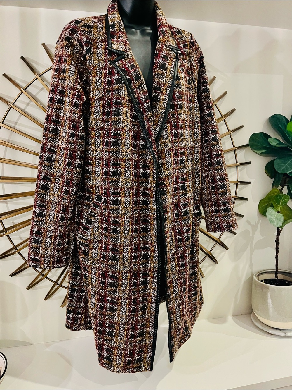 Melloday Plaid Textured Coat in Brown/ Burgundy / gold Size Large